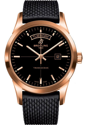 Breitling Transocean Day & Date Watch - 18k Red Gold - Black Dial - Black Rubber Aero Classic Strap