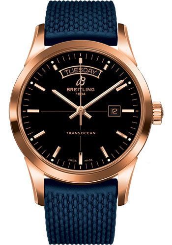 Breitling Transocean Day & Date Watch - 18k Red Gold - Black Dial - Blue Rubber Aero Classic Strap