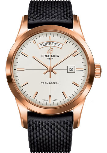 Breitling Transocean Day & Date Watch - 18k Red Gold - Mercury Silver Dial - Black Rubber Aero Classic Strap
