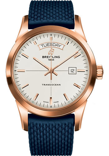 Breitling Transocean Day & Date Watch - 18k Red Gold - Mercury Silver Dial - Blue Rubber Aero Classic Strap