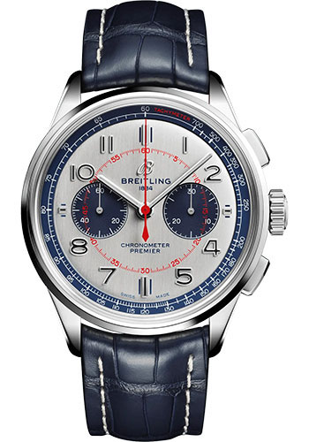 Breitling Premier B01 Chronograph 42 Bentley Mulliner Limited Edition Watch - Stainless Steel - Silver Dial - Blue Alligator Leather Strap - Folding Buckle Limited Edition of 1000