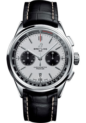 Breitling Premier B01 Chronograph Watch - 42mm Steel Case - Silver Dial - Black Croco Strap
