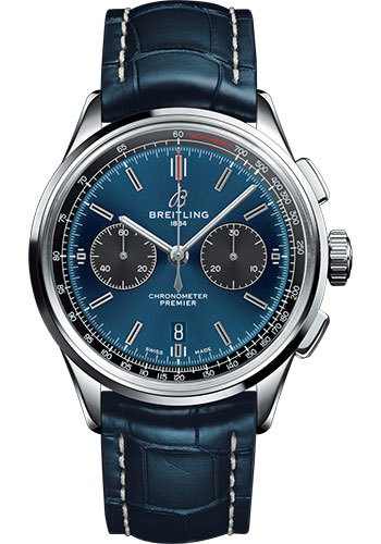Breitling Premier B01 Chronograph Watch - 42mm Steel Case - Blue Dial - Blue Croco Strap