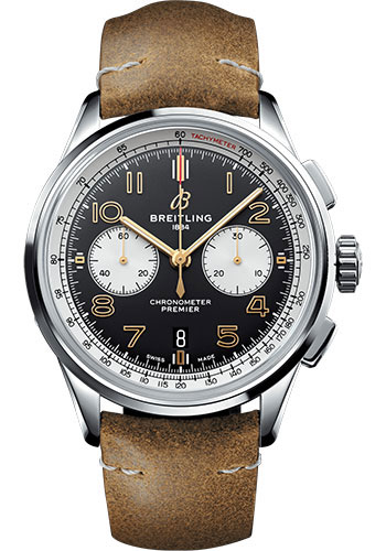 Breitling Premier B01 Chronograph 42 Norton Watch - Steel - Black Dial - Brown Leather Strap - Tang Buckle