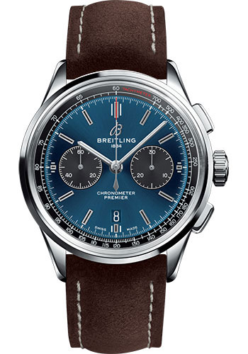 Breitling Premier B01 Chronograph Watch - 42mm Steel Case - Blue Dial - Brown Nubuck Strap