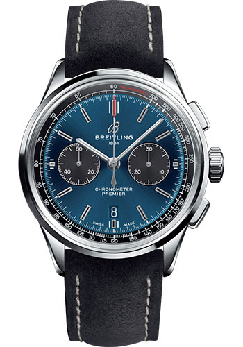 Breitling Premier B01 Chronograph Watch - 42mm Steel Case - Blue Dial - Anthracite Nubuck Strap