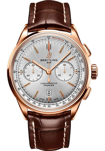 Breitling Premier B01 Chronograph 42 Watch - 18K Red Gold - Silver Dial - Brown Alligator Leather Strap - Folding Buckle