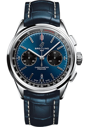 Breitling Premier B01 Chronograph 42 Watch - Stainless Steel - Blue Dial - Blue Alligator Leather Strap - Folding Buckle