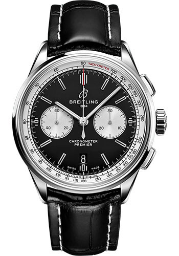 Breitling Premier B01 Chronograph 42 Watch - Stainless Steel - Black Dial - Black Alligator Leather Strap - Folding Buckle