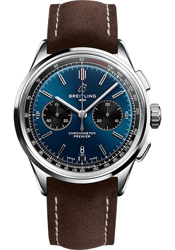 Breitling Premier B01 Chronograph 42 Watch - Stainless Steel - Blue Dial - Brown Calfskin Leather Strap - Folding Buckle
