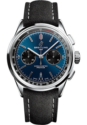 Breitling Premier B01 Chronograph 42 Watch - Stainless Steel - Blue Dial - Anthracite Calfskin Leather Strap - Folding Buckle