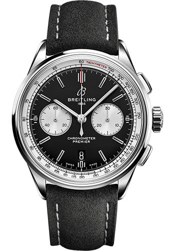 Breitling Premier B01 Chronograph 42 Watch - Stainless Steel - Black Dial - Anthracite Calfskin Leather Strap - Folding Buckle