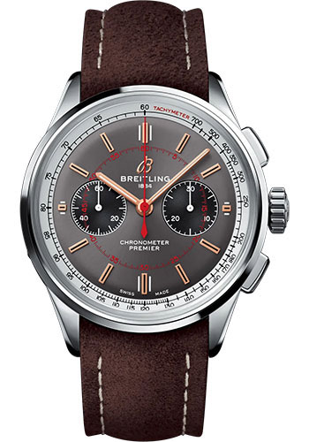Breitling Premier B01 Chronograph 42 Wheels and Waves Limited Edition Watch - Stainless Steel - Anthracite Dial - Brown Calfskin Leather Strap - Tang Buckle Limited Edition
