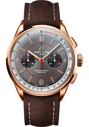 Breitling Premier B01 Chronograph 42 Wheels and Waves Limited Edition Watch - 18K Red Gold - Anthracite Dial - Brown Calfskin Leather Strap - Tang Buckle Limited Edition of 100