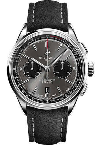 Breitling Premier B01 Chronograph 42 Watch - Stainless Steel - Anthracite Dial - Anthracite Calfskin Leather Strap - Tang Buckle