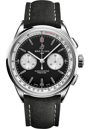 Breitling Premier B01 Chronograph 42 Watch - Stainless Steel - Black Dial - Anthracite Calfskin Leather Strap - Tang Buckle