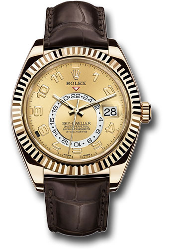 Rolex Yellow Gold Sky-Dweller Watch - Champagne Arabic Dial - Brown Leather Strap