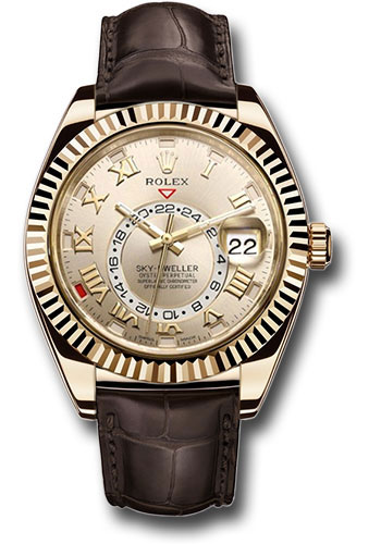 Rolex Yellow Gold Sky-Dweller Watch - Silver Sunray Roman Dial - Brown Leather Strap