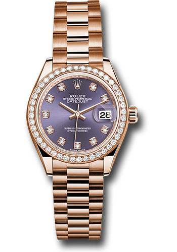 Rolex Everose Gold Lady-Datejust 28 Watch - 44 Diamond Bezel - Aubergine Diamond Dial - President Bracelet
