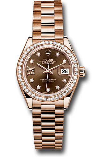 Rolex Everose Gold Lady-Datejust 28 Watch - 44 Diamond Bezel - Chocolate Diamond Star Dial - President Bracelet