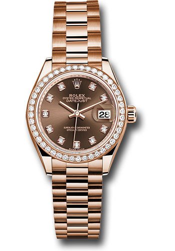 Rolex Everose Gold Lady-Datejust 28 Watch - 44 Diamond Bezel - Chocolate Diamond Dial - President Bracelet