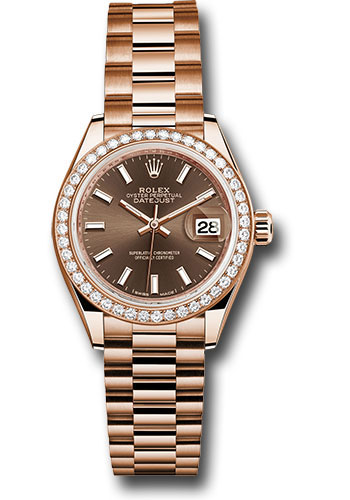 Rolex Everose Gold Lady-Datejust 28 Watch - 44 Diamond Bezel - Chocolate Index Dial - President Bracelet