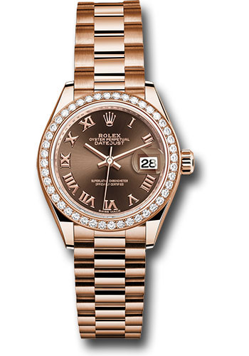 Rolex Everose Gold Lady-Datejust 28 Watch - 44 Diamond Bezel - Chocolate Roman Dial - President Bracelet