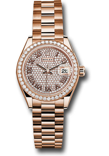 Rolex Everose Gold Lady-Datejust 28 Watch - 44 Diamond Bezel - Sundust Roman Dial - President Bracelet