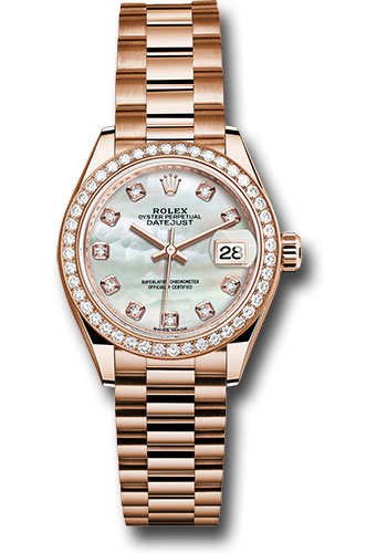 Rolex Everose Gold Lady-Datejust 28 Watch - 44 Diamond Bezel - Mother-of-Pearl Diamond Dial - President Bracelet