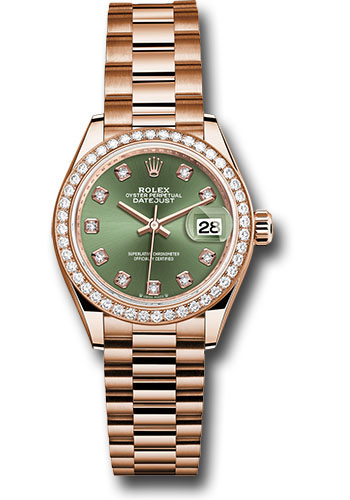 Rolex Everose Gold Lady-Datejust Watch - Diamond Bezel - Olive Green Diamond 6 Dial - President Bracelet
