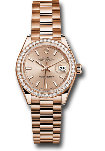 Rolex Everose Gold Lady-Datejust 28 Watch - 44 Diamond Bezel - Pink Sundust Index Dial - President Bracelet