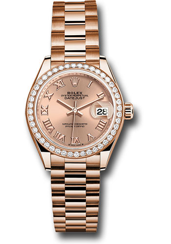 Rolex Everose Gold Lady-Datejust Watch - Diamond Bezel - Rosé Roman Dial - President Bracelet
