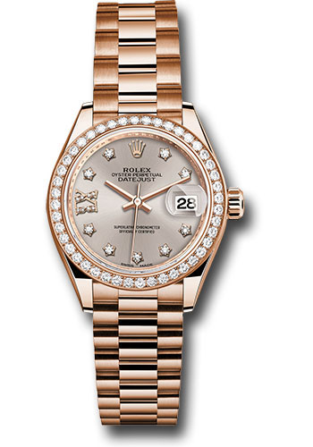 Rolex Everose Gold Lady-Datejust 28 Watch - 44 Diamond Bezel - Silver Sundust Diamond Star Dial - President Bracelet