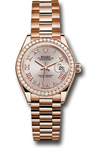 Rolex Everose Gold Lady-Datejust 28 Watch - 44 Diamond Bezel - Sundust Roman Dial - President Bracelet