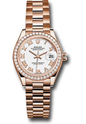 Rolex Everose Gold Lady-Datejust 28 Watch - 44 Diamond Bezel - White Roman Dial - President Bracelet
