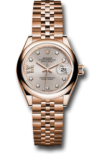 Rolex Everose Gold Lady-Datejust 28 Watch - Domed Bezel - Silver Sundust Diamond Star Dial - Jubilee Bracelet