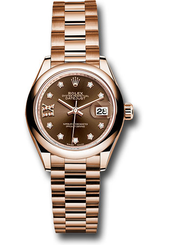 Rolex Everose Gold Lady-Datejust 28 Watch - Domed Bezel - Chocolate Diamond Star Dial - President Bracelet