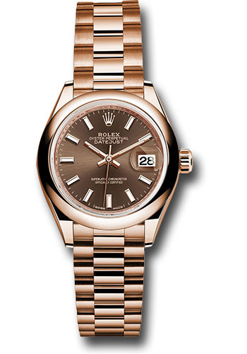 Rolex Everose Gold Lady-Datejust 28 Watch - Domed Bezel - Chocolate Index Dial - President Bracelet