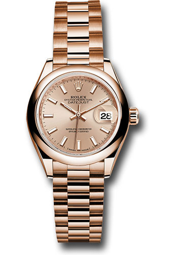 Rolex Everose Gold Lady-Datejust 28 Watch - Domed Bezel - Pink Sundust Index Dial - President Bracelet