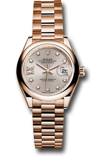 Rolex Everose Gold Lady-Datejust 28 Watch - Domed Bezel - Silver Sundust Diamond Star Dial - President Bracelet