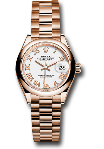 Rolex Everose Gold Lady-Datejust 28 Watch - Domed Bezel - White Roman Dial - President Bracelet