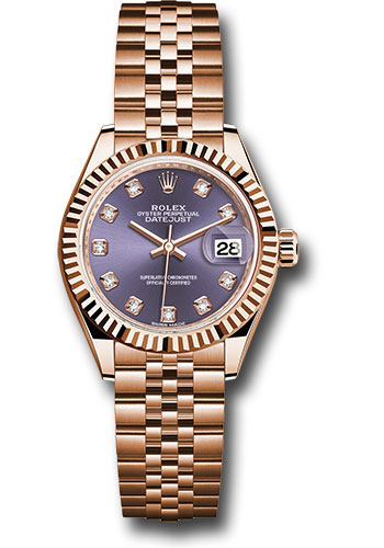 Rolex Everose Gold Lady-Datejust 28 Watch - Fluted Bezel - Aubergine Diamond Dial - Jubilee Bracelet
