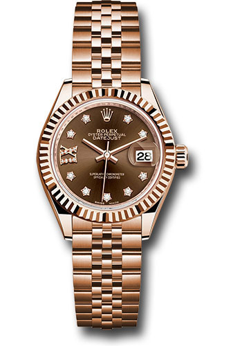 Rolex Everose Gold Lady-Datejust 28 Watch - Fluted Bezel - Chocolate Diamond Star Dial - Jubilee Bracelet