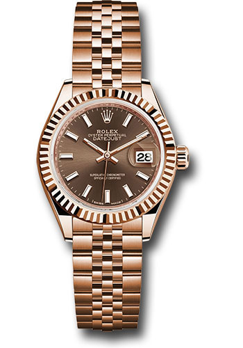 Rolex Everose Gold Lady-Datejust 28 Watch - Fluted Bezel - Chocolate Index Dial - Jubilee Bracelet