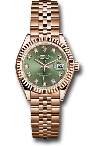 Rolex Rolex Everose Gold Lady-Datejust 28 Watch - Fluted Bezel - Olive Green Diamond Dial - Jubilee Bracelet