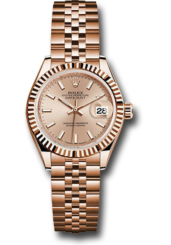 Rolex Everose Gold Lady-Datejust 28 Watch - Fluted Bezel - Pink Sundust Index Dial - Jubilee Bracelet