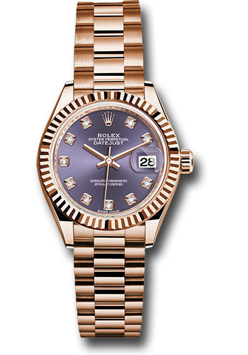 Rolex Everose Gold Lady-Datejust 28 Watch - Fluted Bezel - Aubergine Diamond Dial - President Bracelet