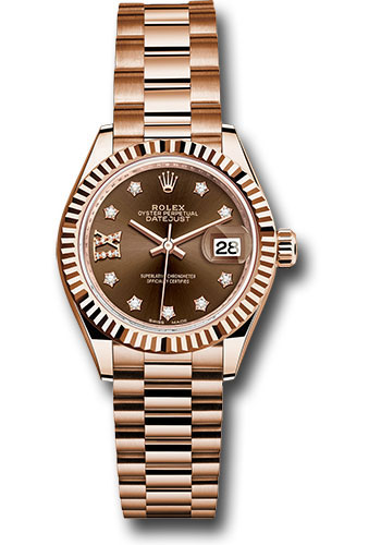 Rolex Everose Gold Lady-Datejust 28 Watch - Fluted Bezel - Chocolate Diamond Star Dial - President Bracelet
