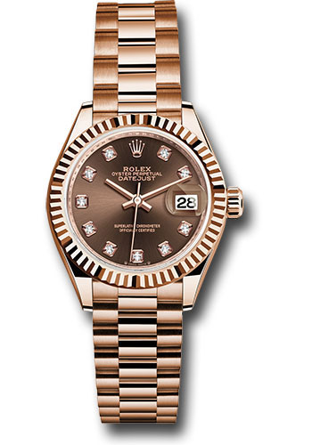 Rolex Everose Gold Lady-Datejust Watch - Fluted Bezel - Chocolate Diamond Dial - President Bracelet