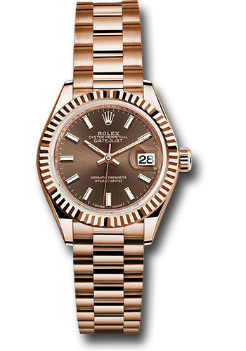Rolex Everose Gold Lady-Datejust 28 Watch - Fluted Bezel - Chocolate Index Dial - President Bracelet